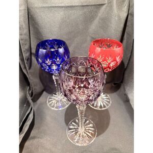 Cut to Clear Crystal Wine Glasses Set 3 Colored Goblets 8"